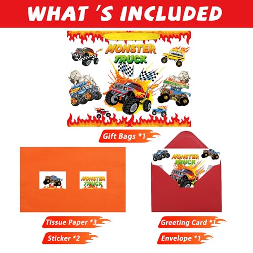 Animsco 13" Monster Truck Gift Bag with Card & Stickers