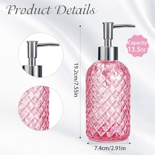 Pink Diamond-Textured Glass Soap Dispenser, 400ml Refillable Lotion Bottle