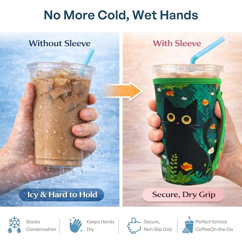 3-Pack Reusable Iced Coffee Sleeves - Insulated Neoprene - Black Cat Design