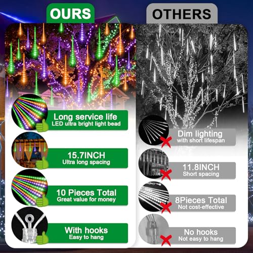 Outdoor LED Meteor Shower Icicle Lights - 12-inch Waterproof String Lights with 10 Tubes - Orange Purple Green Variation