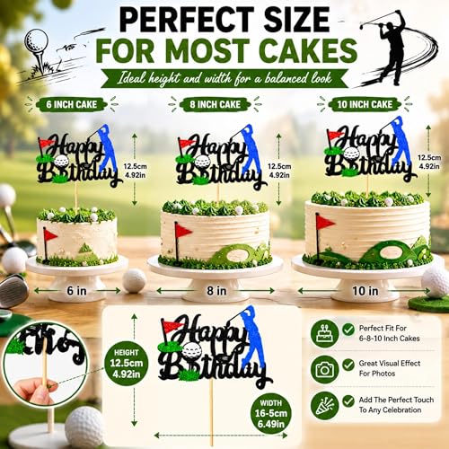 Golf-Themed Happy Birthday Cake Topper with Glitter Cardstock