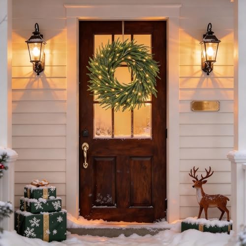 24-Inch Pre-Lit Christmas Wreath with 50 LED Lights for Front Door