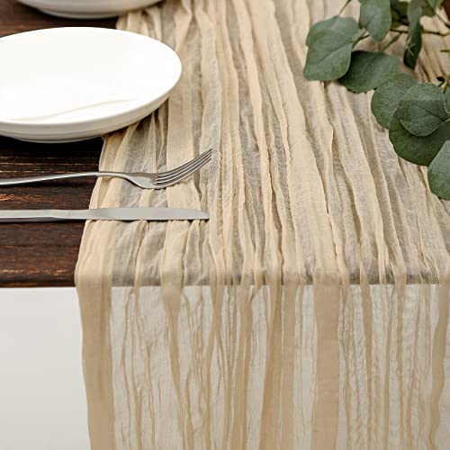 Beige Boho Cheesecloth Table Runner 13.3ft, Rustic & Elegant Dining Decor