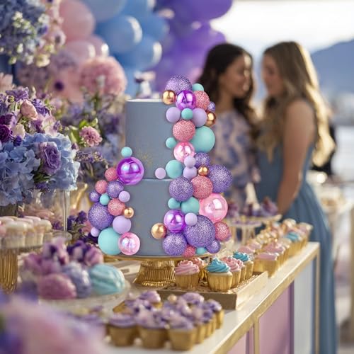 50PCS Pink Blue Purple Macaron Ball Cake Toppers for DIY Baking & Wedding Decor