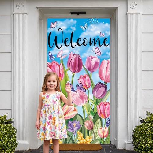 Spring Floral Welcome Door Banner - Tulip & Butterfly Porch Decor 35.4x70.9"