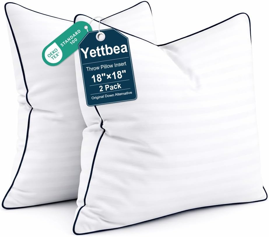 Yettbea Pillow Inserts - Premium Soft Down Alternative Fill | Set of 2, 18x18 Inches Decorative Throw Pillows