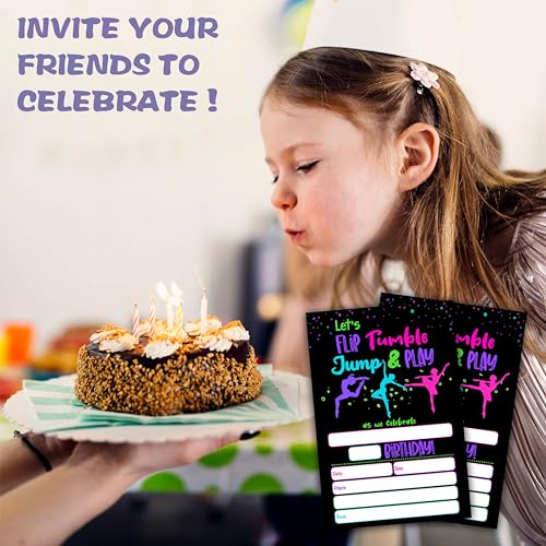 Neon Glow Gymnastics Birthday Invitations - 20 Fill-In Cards with Envelopes