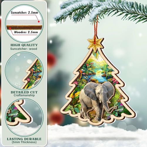 Elephant Christmas Ornament - Acrylic Wood Suncatcher Tree Decoration