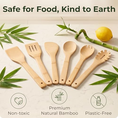 6-Piece Bamboo Cooking Utensils Set – Nonstick Safe Wooden Spoons