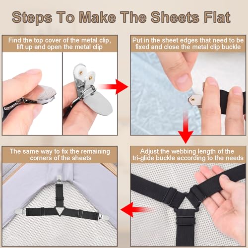 CooBigo Adjustable Bed Sheet Straps Clips - 6 Pack Non-Slip Holder