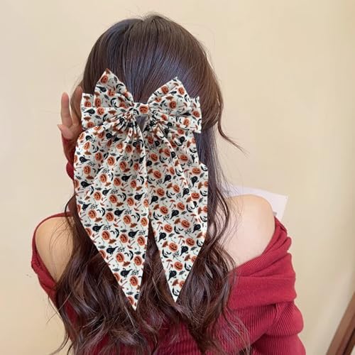 Halloween Hair Bow Clip Big Pumpkin Ghost Long Tail Ribbon Barrette