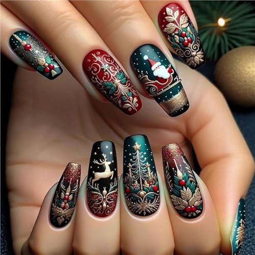 SEENEEY Red and Green Coffin Press on Nails with Gold Charms 24pcs