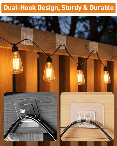 Heavy Duty Outdoor String Light Hooks 100-Pack - Transparent Self-Adhesive Clips