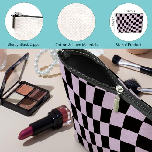 4 Pack Colorful Checkered Makeup Bag Cotton Linen Travel Toiletry Pouch
