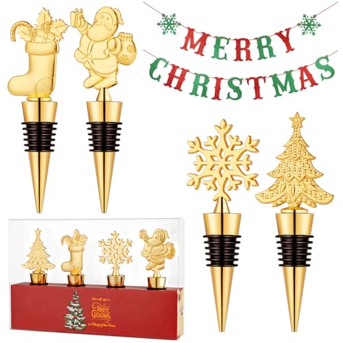 Golden Christmas Wine Stoppers Set - 4 Pack Holiday Bottle Corkers for Keeping Wine Fresh