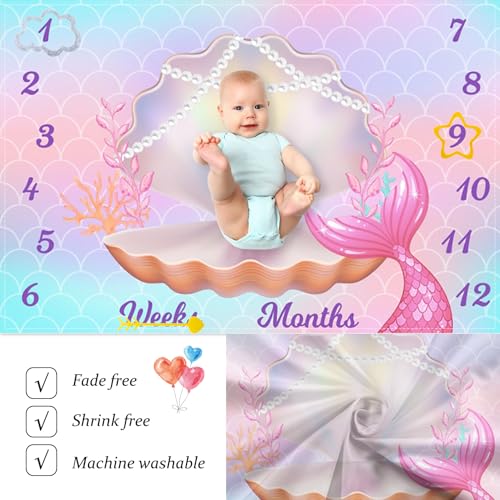 Cute Mermaid Baby Milestone Blanket - 60" x 40" Photography Backdrop