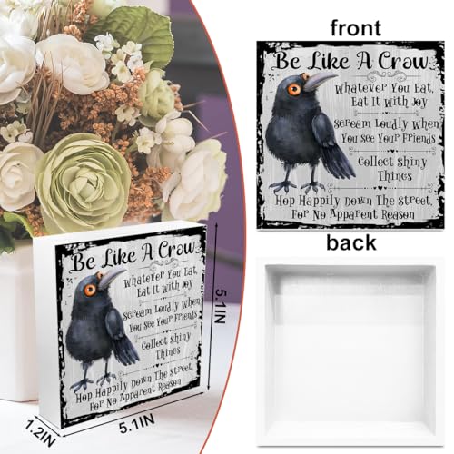 Funny Crow Wooden Box Sign - 5x5 Inspirational Decor Gifts, White 1157