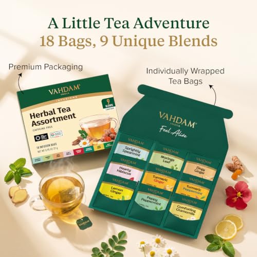 VAHDAM Assorted Herbal Tea Sampler - 18 Tea Bags, 9 Flavors, Caffeine-Free, Individually Wrapped, Pack of 1