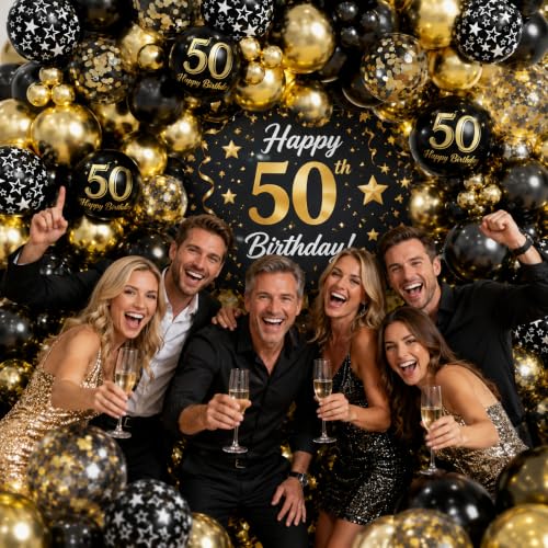 Black and Gold 50th Birthday Decorations Kit - 154pcs with Banner & Balloons