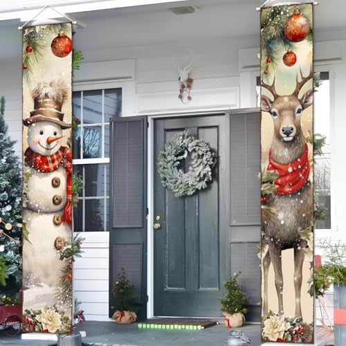 2PCS Christmas Porch Banners Snowman and Deer Holiday Door Decorations