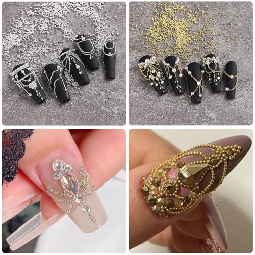 MOLILON 12-Grid Nail Art Charms Set with Pearls, Metal Beads, Tweezers & Pen