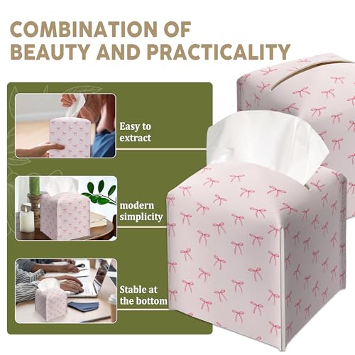 Pink Ribbon Bow Square Tissue Box Cover - Preppy Decorative Leather Holder
