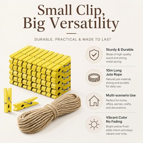 Yellow Mini Wooden Clothespins 1.4 Inch 50 Pack - Rustic Craft Photo Clips with Spring