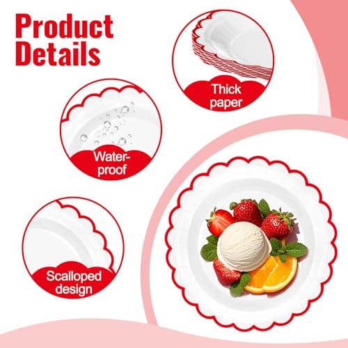 30 Pcs Red Scalloped Paper Plates - 7 & 9 Inch for Parties