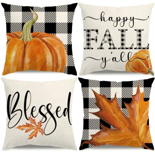 Fall Throw Pillow Covers 18x18 Set of 4, Farmhouse Autumn Pumpkin Decor