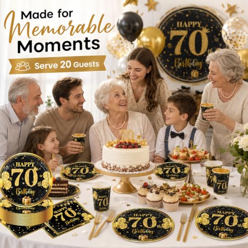 70th Birthday Party Supplies Set - 7-inch Plates, Napkins & Forks, 20 Pack