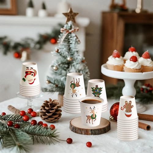 Brown Christmas Disposable Paper Cups 3oz - Santa Deer Design, 100 Pack