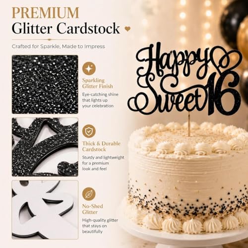 Elegant Black Glitter Sweet 16 Cake Topper for Birthday
