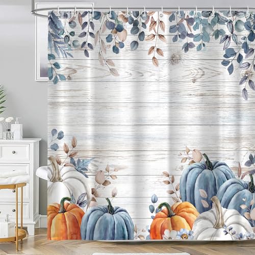 Blue Fall Pumpkin Shower Curtain, 72x72 Rustic Farmhouse Bath Decor (Fall-8)
