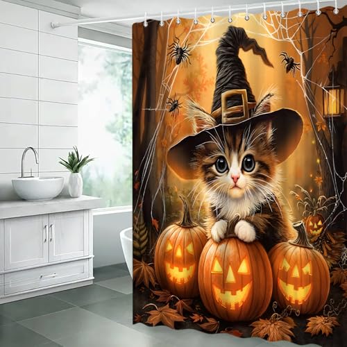 Halloween Cat Shower Curtain - 70x70 Inch Pumpkin Design