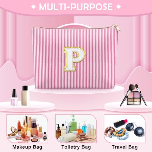 Mikela Monogrammed Makeup Bag, Letter P Pink Travel Toiletry Pouch
