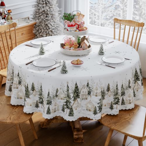 Christmas Round Tablecloth 70x70 Inch Snow Town Holiday Home Decor