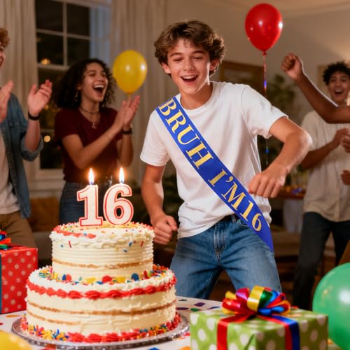 16th Birthday Sash - BRUH I'M 16 - Blue Satin Fun Party Decor