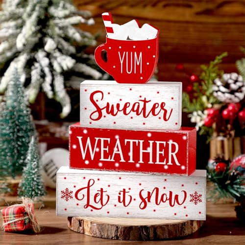 Red Winter Christmas Block Signs Set - 4 Pcs Tabletop Decor with Rustic Farmhouse Charm (Variation: White, Red)