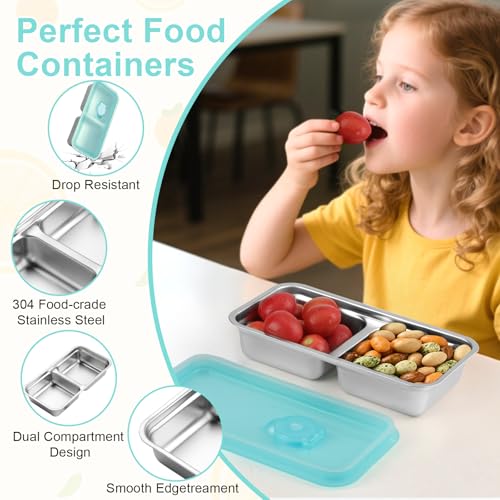 KITHELP Stainless Steel Double Compartment Snack Containers - Blue (2 Pack)