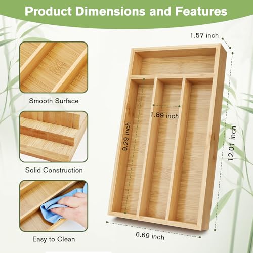 Silverware Drawer Organizer Bamboo Cutlery Tray with Grooved Dividers
