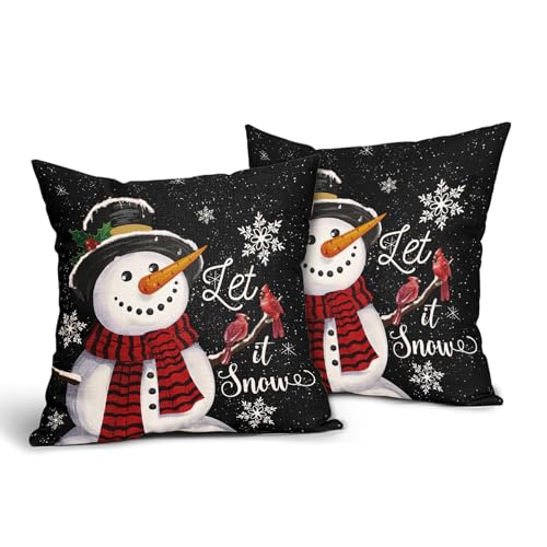 Christmas Black Pillow Covers 18x18 Inch Snowman Snowflake Set of 2 - Holiday Home Decor