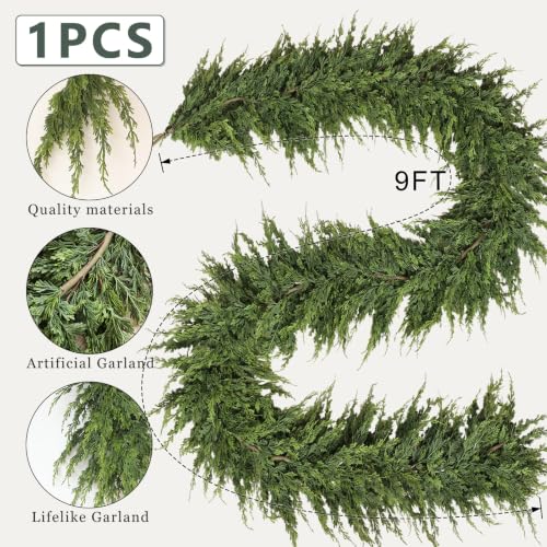 9FT Artificial Cedar Pine Garland for Mantle & Home Decor - Lush & Weatherproof
