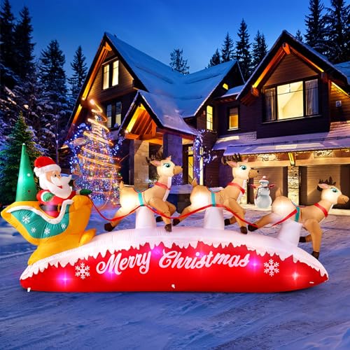 10FT Christmas Inflatable Santa Reindeer Sleigh Outdoor Decor with Rotating LED Lights - Brown