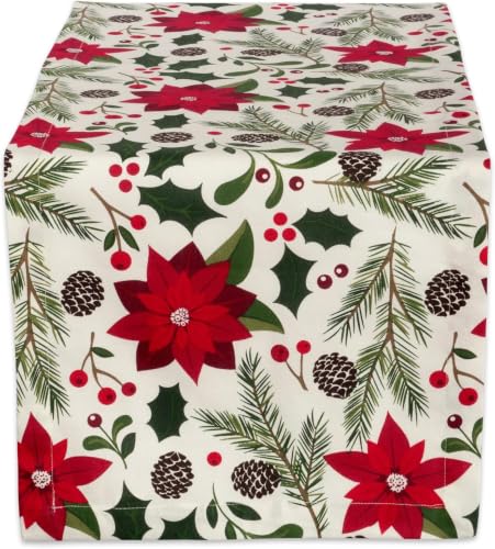 Christmas Holly Table Runner 14x72 Inches - Holiday Kitchen Decor - Poinsettia & Greenery