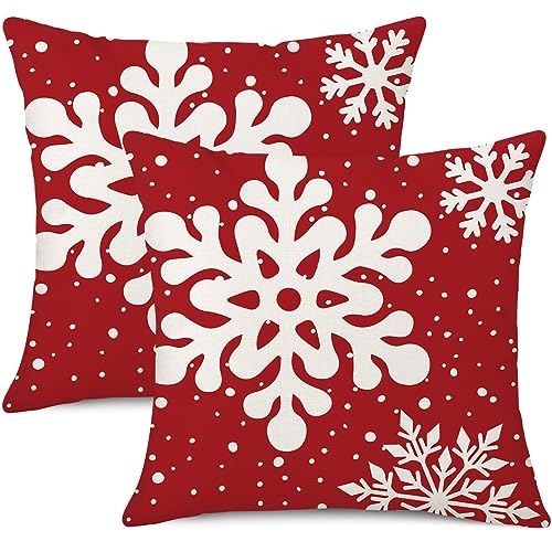 Gujiahone Red Snowflake Christmas Pillow Covers Set of 2 18x18 Inch Linen Square Holiday Decor