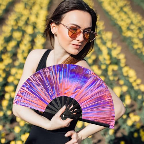 dmjuncong Folding Hand Rave Fan, Holographic Purple, 11 Inch Large PVC Fan