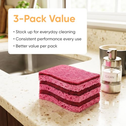 Superio 3-Pack Non-Scratch Cellulose Kitchen Sponges with Scouring Pad, Red & Pink
