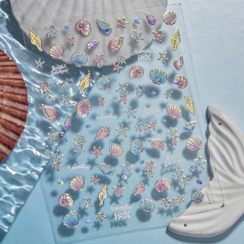 5D Embossed Marine Life Nail Stickers - Shell & Starfish Self-Adhesive Decals