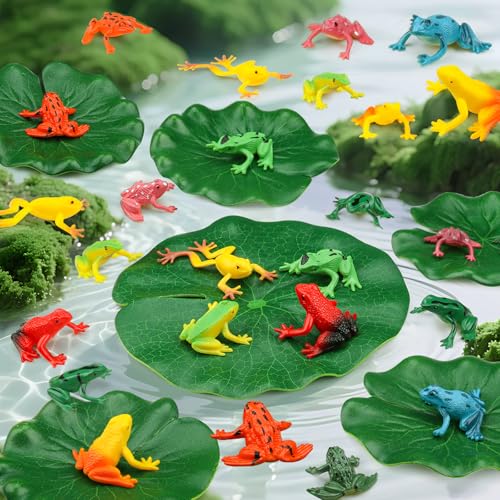 24 Mini Plastic Frog Toys & Lily Pads - Realistic Pool Decor
