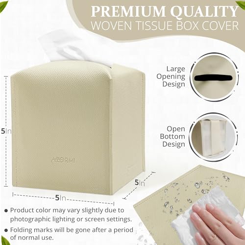 AZORMI Faux Leather Tissue Box Cover with Bottom Belt - Modern Square Design, Wide Opening, Beige